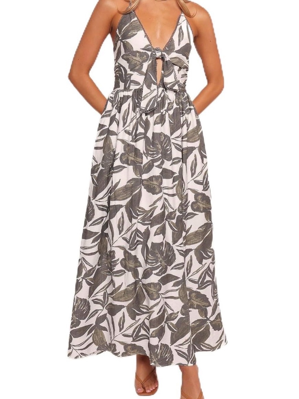 PETAL & PUP Tie-Front Bray Midi Dress in White and Olive